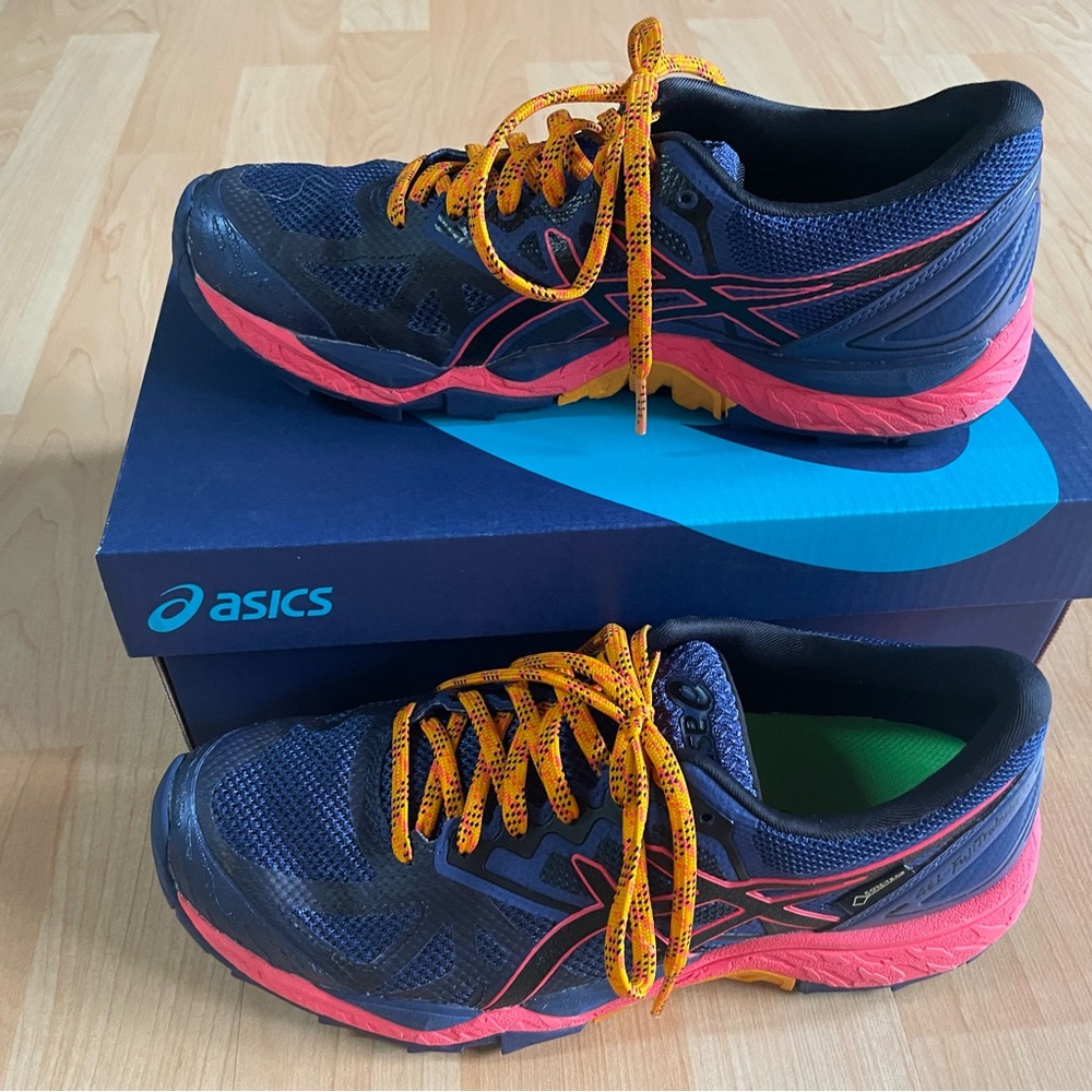 Womens Asics GEL-FujiTrabuco 6 G-Tx Navy Orange Waterproof Running Shoes Size 7